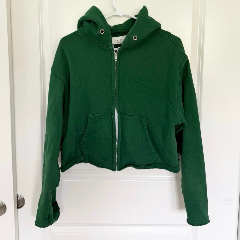LES TIEN Rosa Raw Hem Full Zip Cropped Hoodie Emerald Green Small